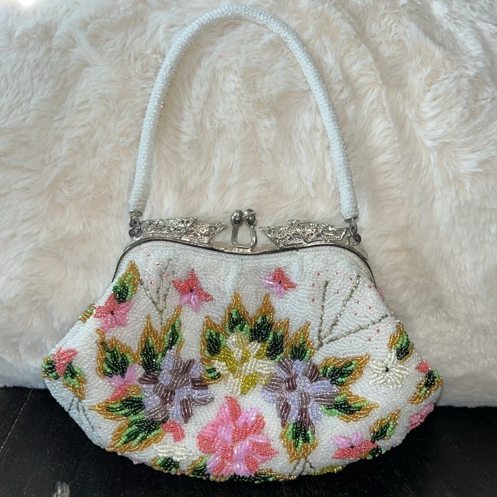 Vintage all beaded clutch bag white with flowers dainty delicate feminine pretty